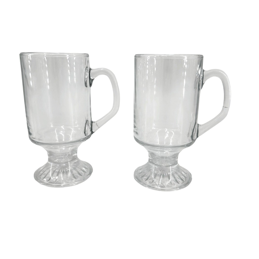 Vintage Set of 2 Clear Glass Pedestal Irish Coffee‎ Mugs Starburst Base